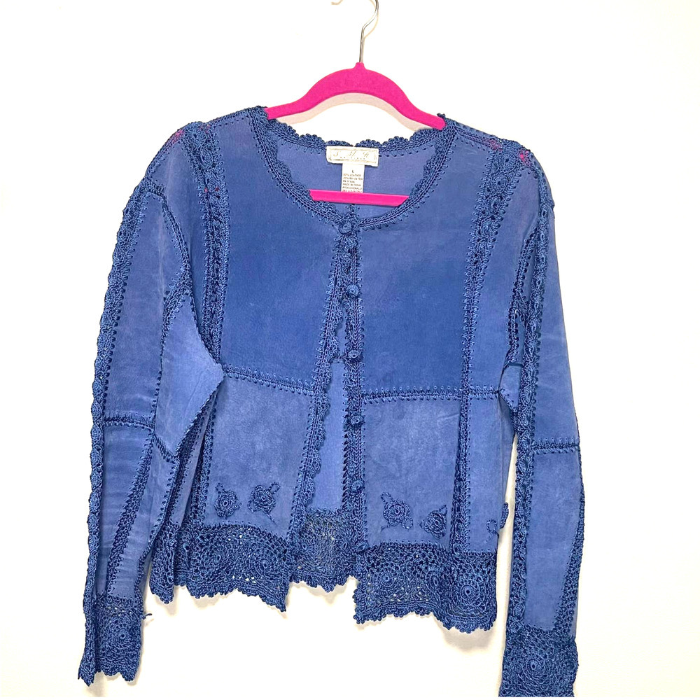 SMH Boutique Leather and Crochet Vintage Royal Blue Boho Jacket size Large